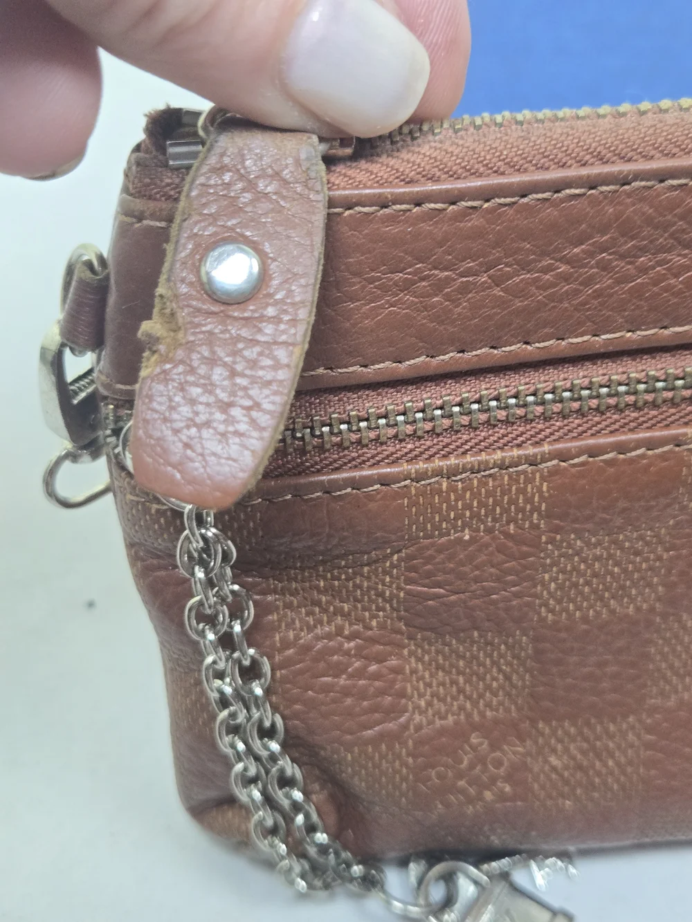 Vintage Louis Vuitton Brown Leather Zip Pouch with Chain Charm - Needs TLC